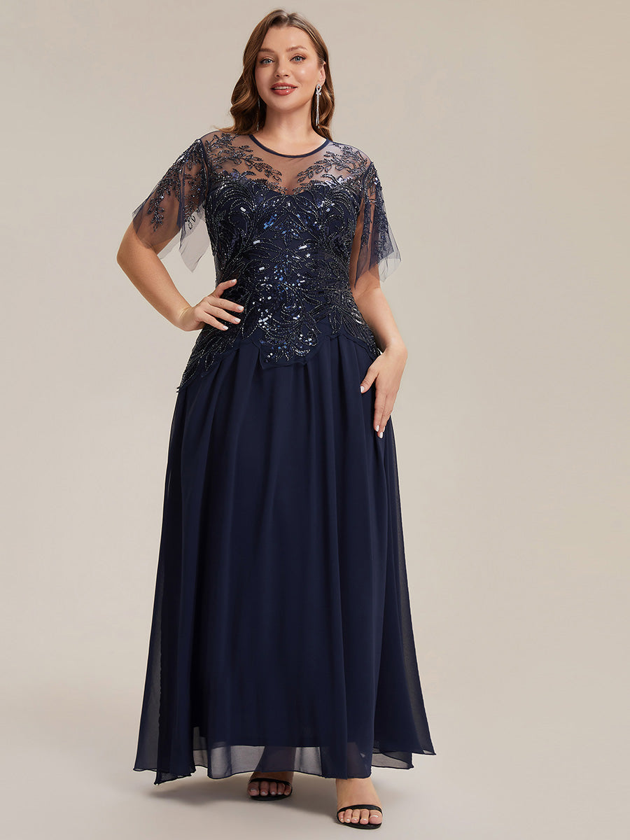 Embroidered Sequin Ruffle Sleeve Black Tie Evening Dress #color_Navy Blue