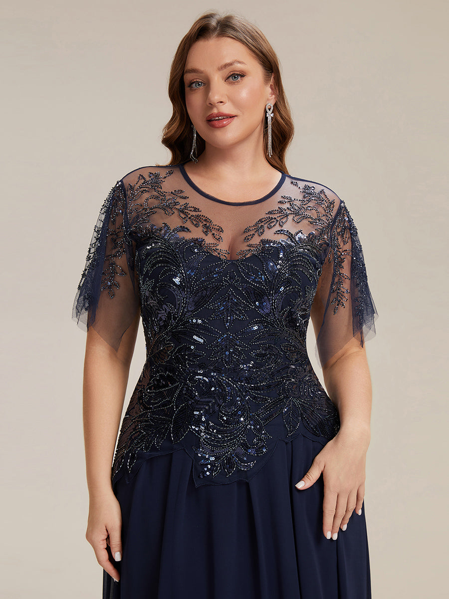 Embroidered Sequin Ruffle Sleeve Black Tie Evening Dress #color_Navy Blue