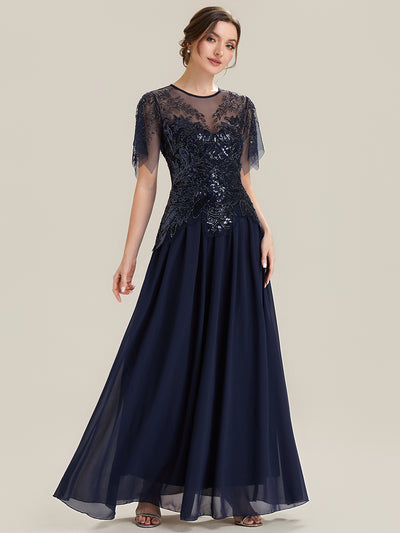 Embroidered Sequin Ruffle Sleeve Black Tie Evening Dress #color_Navy Blue