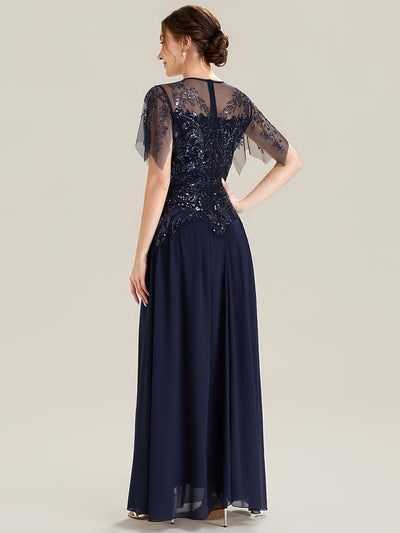 Embroidered Sequin Ruffle Sleeve Black Tie Evening Dress #color_Navy Blue