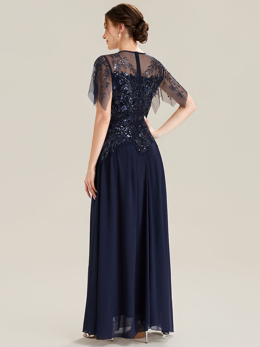 Embroidered Sequin Ruffle Sleeve Black Tie Evening Dress #color_Navy Blue