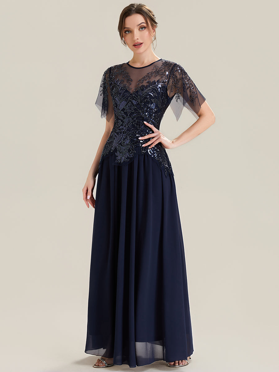 Embroidered Sequin Ruffle Sleeve Black Tie Evening Dress #color_Navy Blue