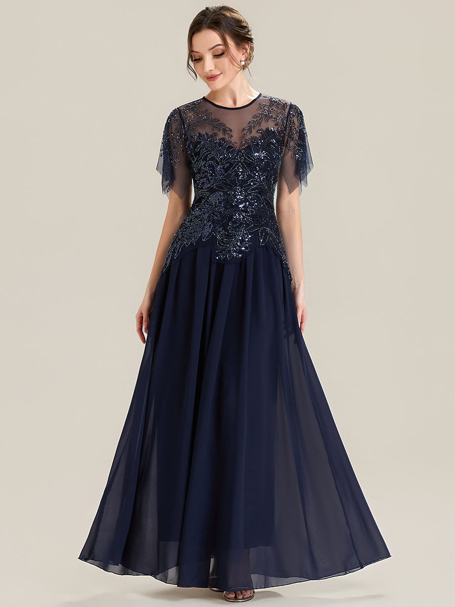 Embroidered Sequin Ruffle Sleeve Black Tie Evening Dress #color_Navy Blue