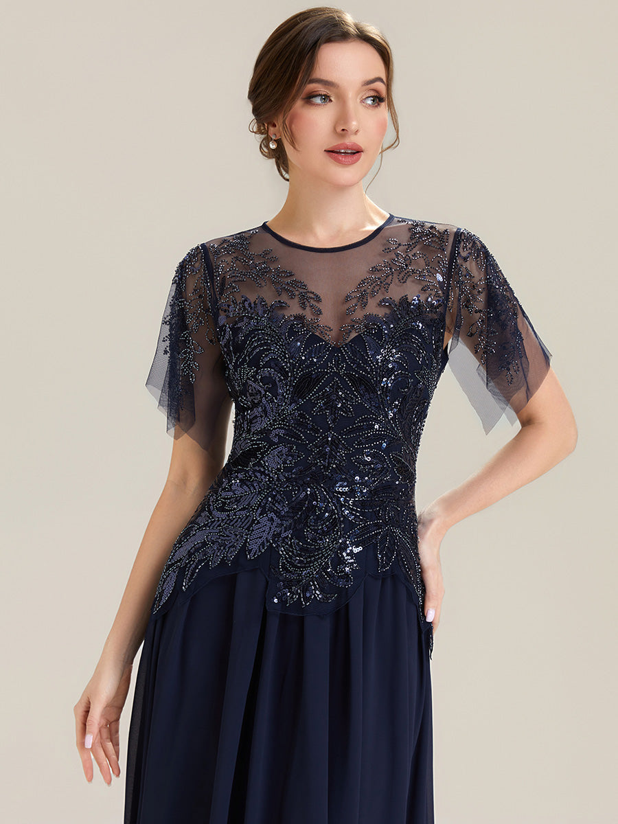Embroidered Sequin Ruffle Sleeve Black Tie Evening Dress #color_Navy Blue