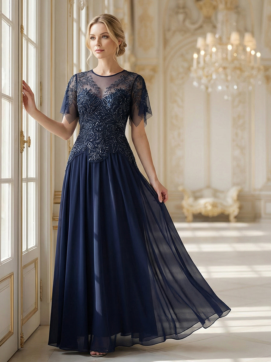 Embroidered Sequin Ruffle Sleeve Black Tie Evening Dress #color_Navy Blue