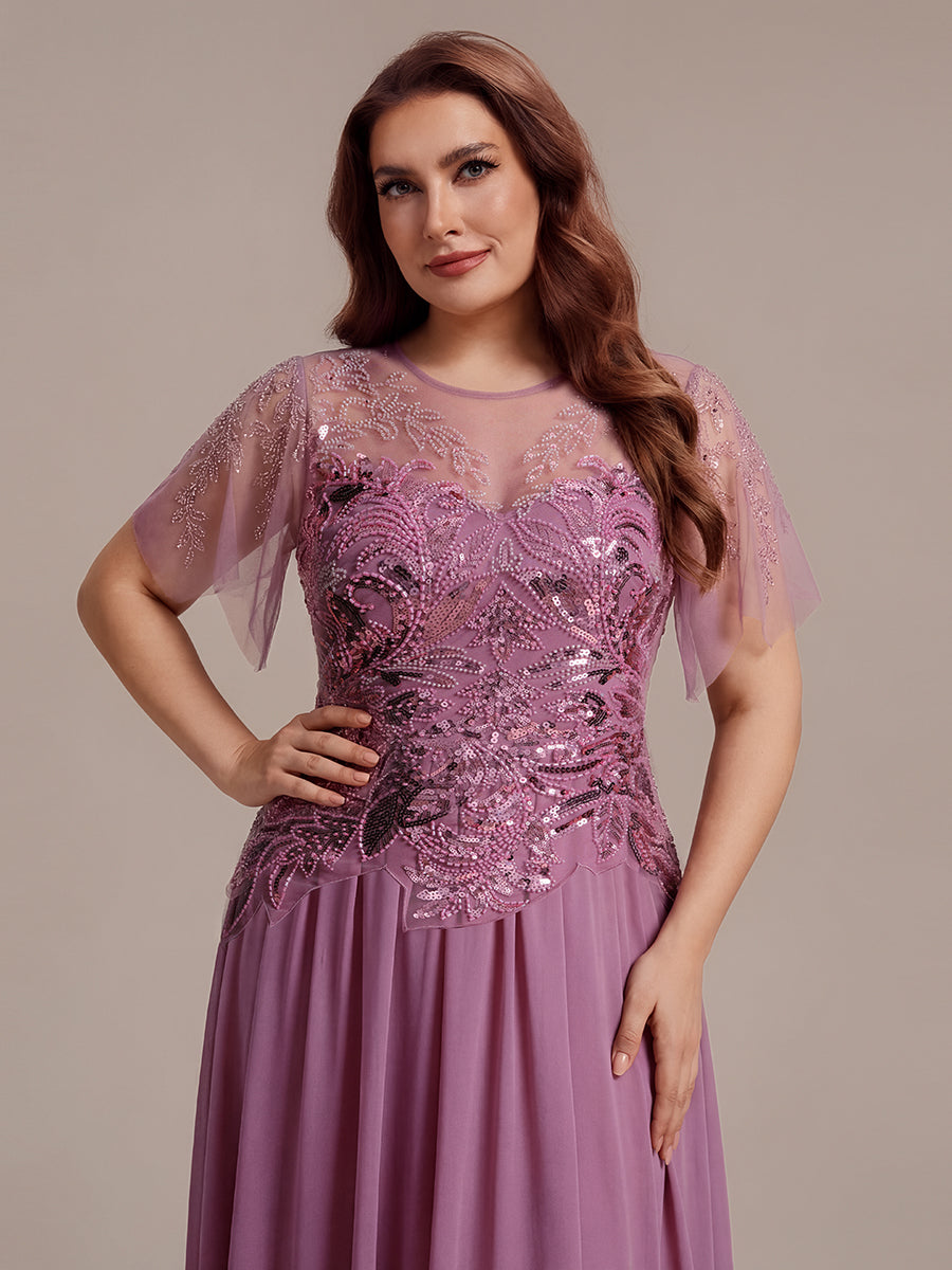 Embroidered Sequin Ruffle Sleeve Black Tie Evening Dress #color_Purple Orchid