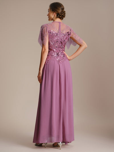 Embroidered Sequin Ruffle Sleeve Black Tie Evening Dress #color_Purple Orchid