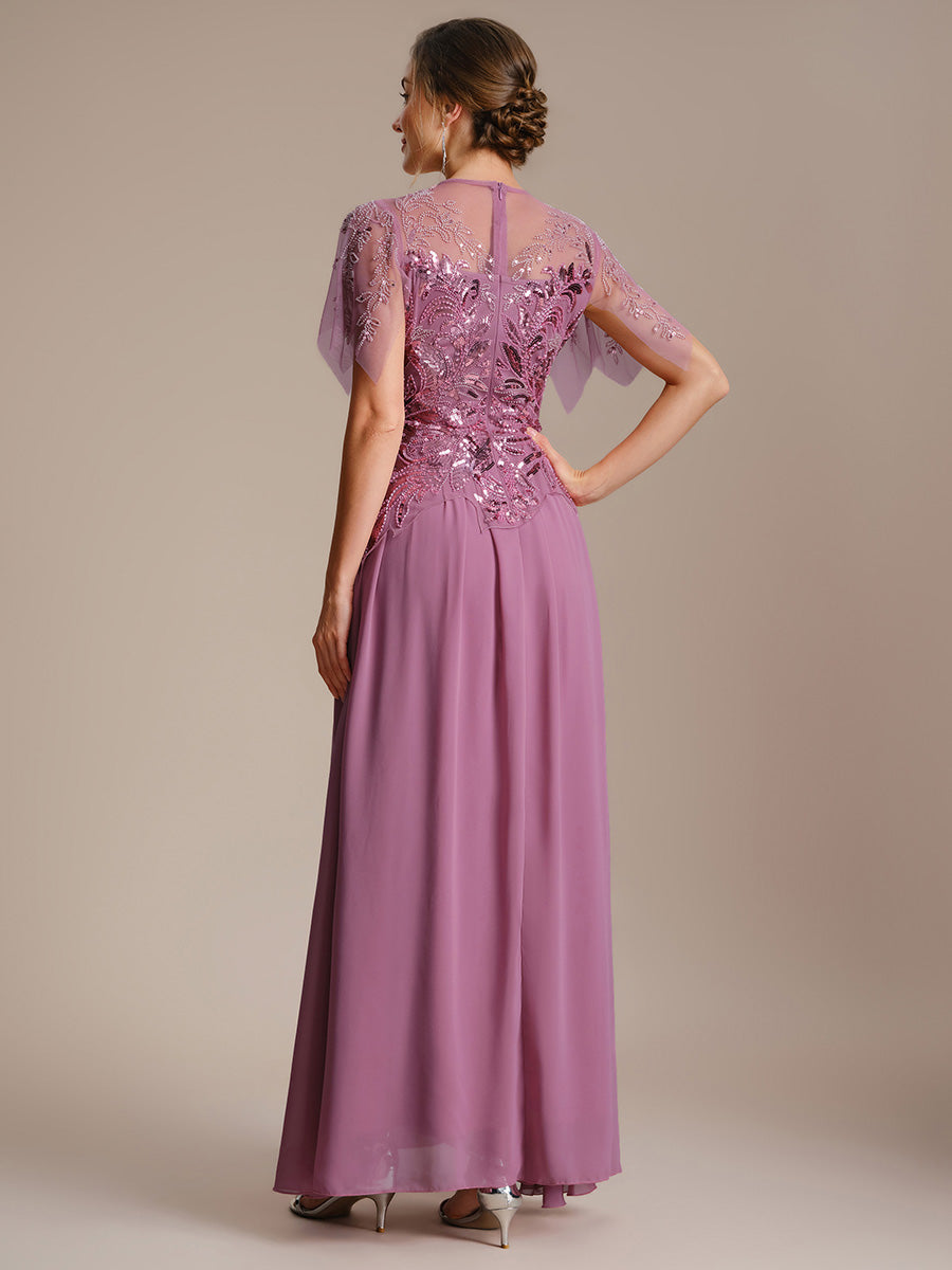 Embroidered Sequin Ruffle Sleeve Black Tie Evening Dress #color_Purple Orchid
