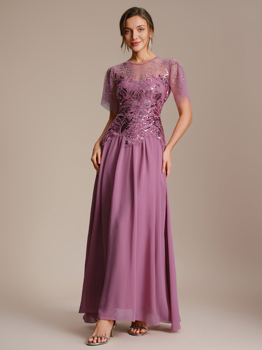 Embroidered Sequin Ruffle Sleeve Black Tie Evening Dress #color_Purple Orchid
