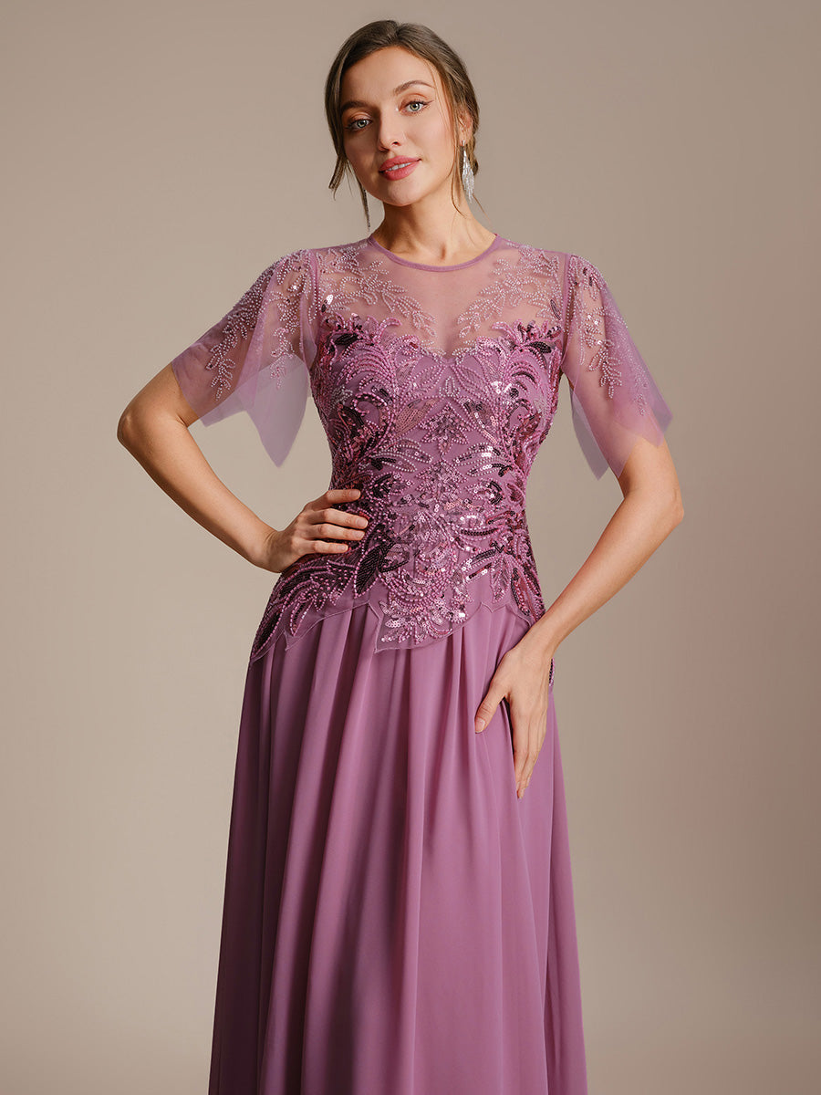 Embroidered Sequin Ruffle Sleeve Black Tie Evening Dress #color_Purple Orchid