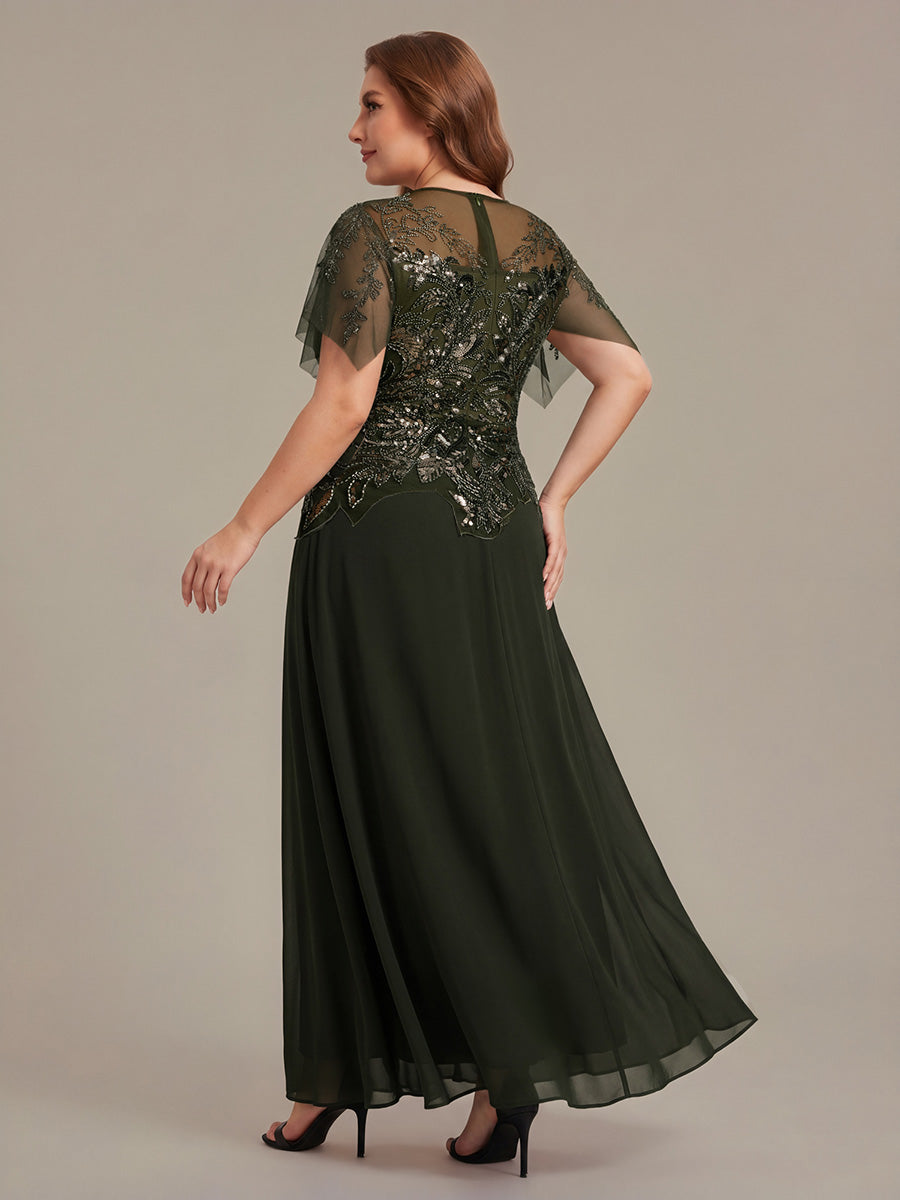 Embroidered Sequin Ruffle Sleeve Black Tie Evening Dress #color_Olive Green
