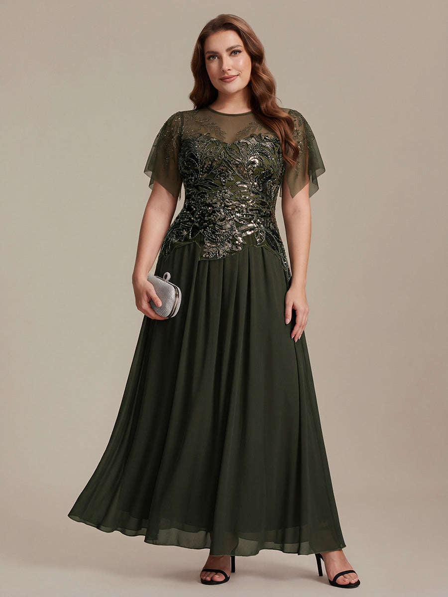 Embroidered Sequin Ruffle Sleeve Black Tie Evening Dress #color_Olive Green