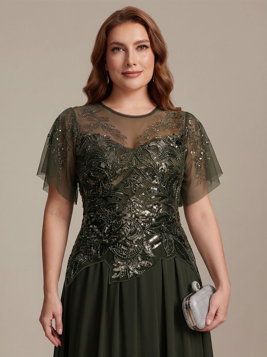 Embroidered Sequin Ruffle Sleeve Black Tie Evening Dress #color_Olive Green
