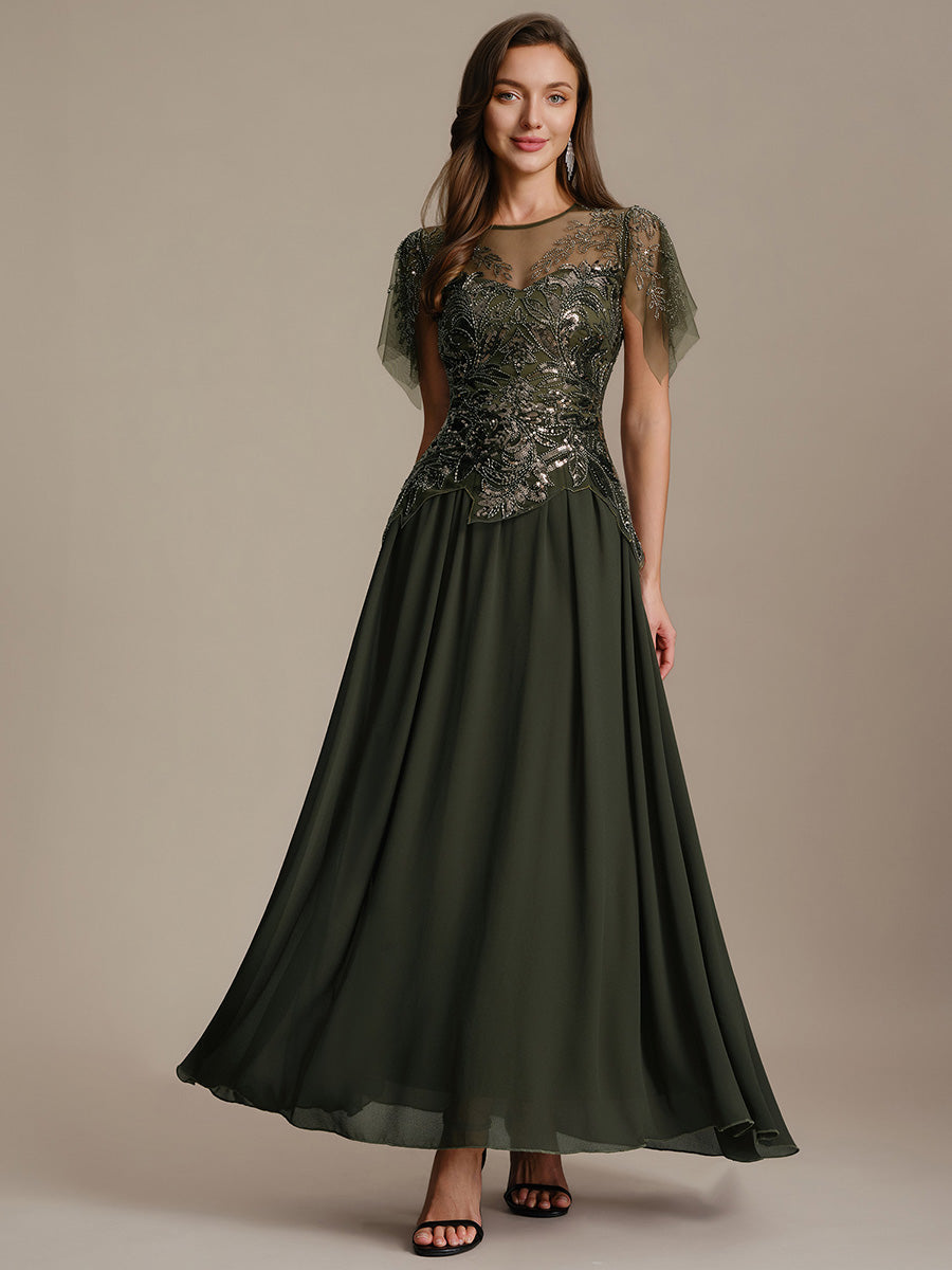 Embroidered Sequin Ruffle Sleeve Black Tie Evening Dress #color_Olive Green