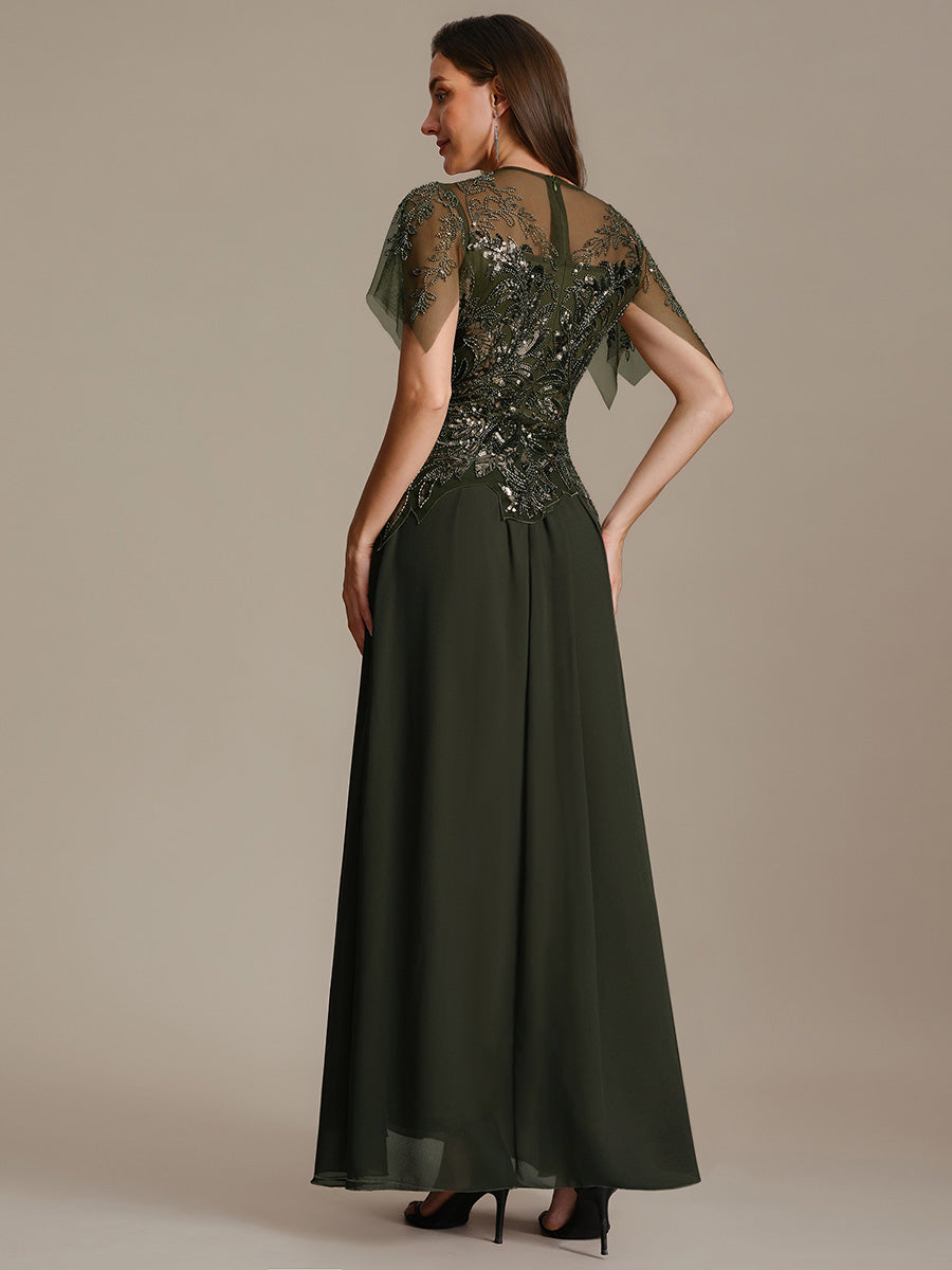 Embroidered Sequin Ruffle Sleeve Black Tie Evening Dress #color_Olive Green