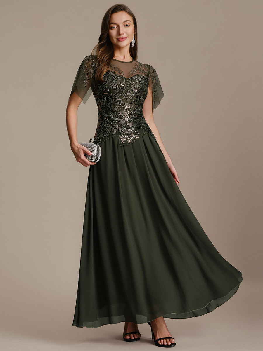 Embroidered Sequin Ruffle Sleeve Black Tie Evening Dress #color_Olive Green