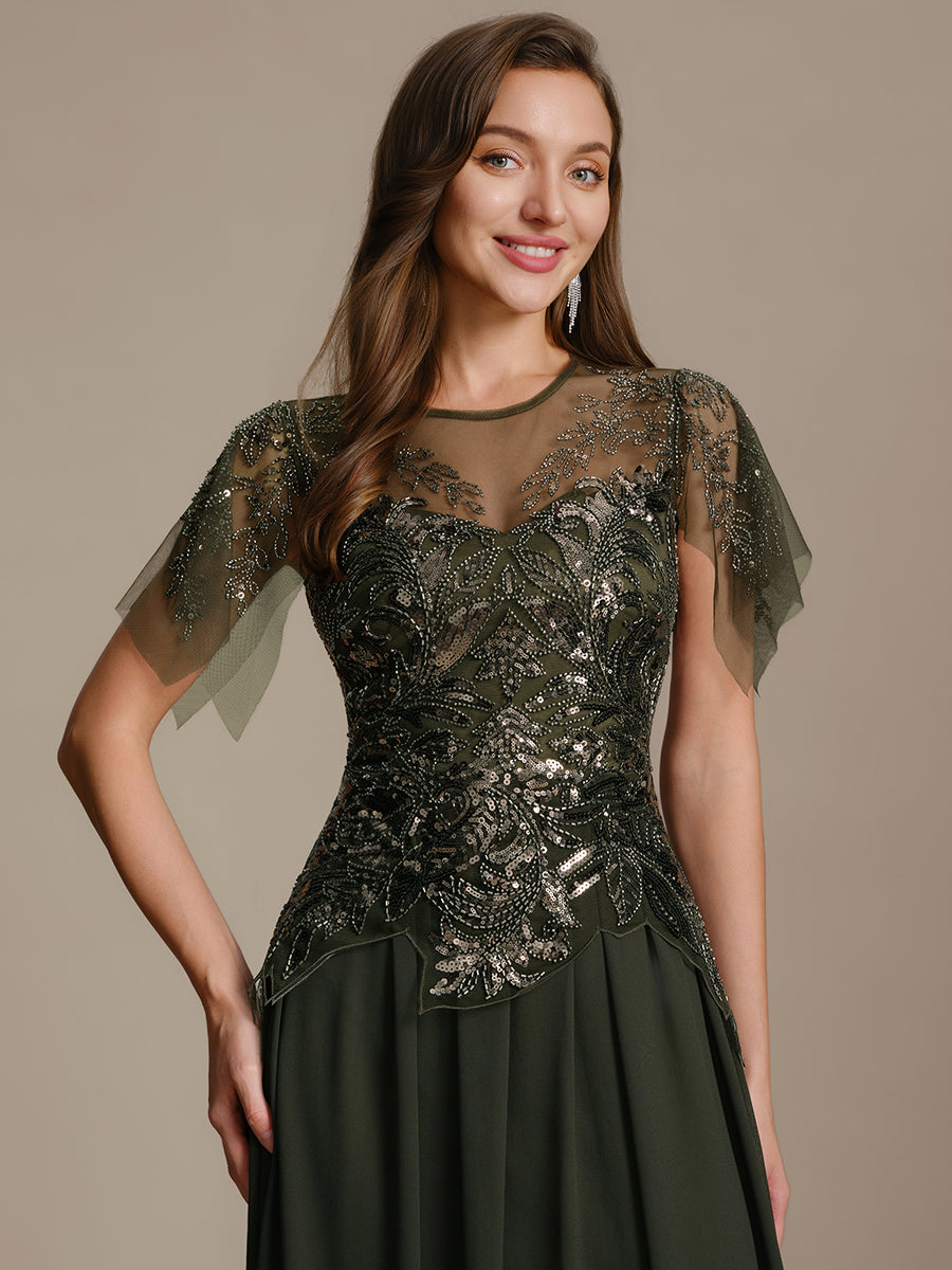 Embroidered Sequin Ruffle Sleeve Black Tie Evening Dress #color_Olive Green