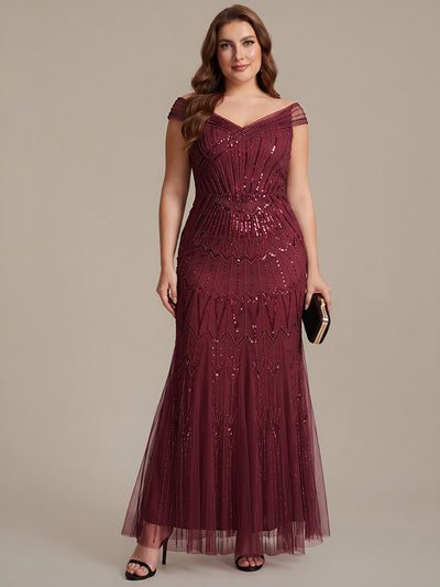 ever CABARET|Sequin Drop Shoulder Sleeve Beaded Formal Dress