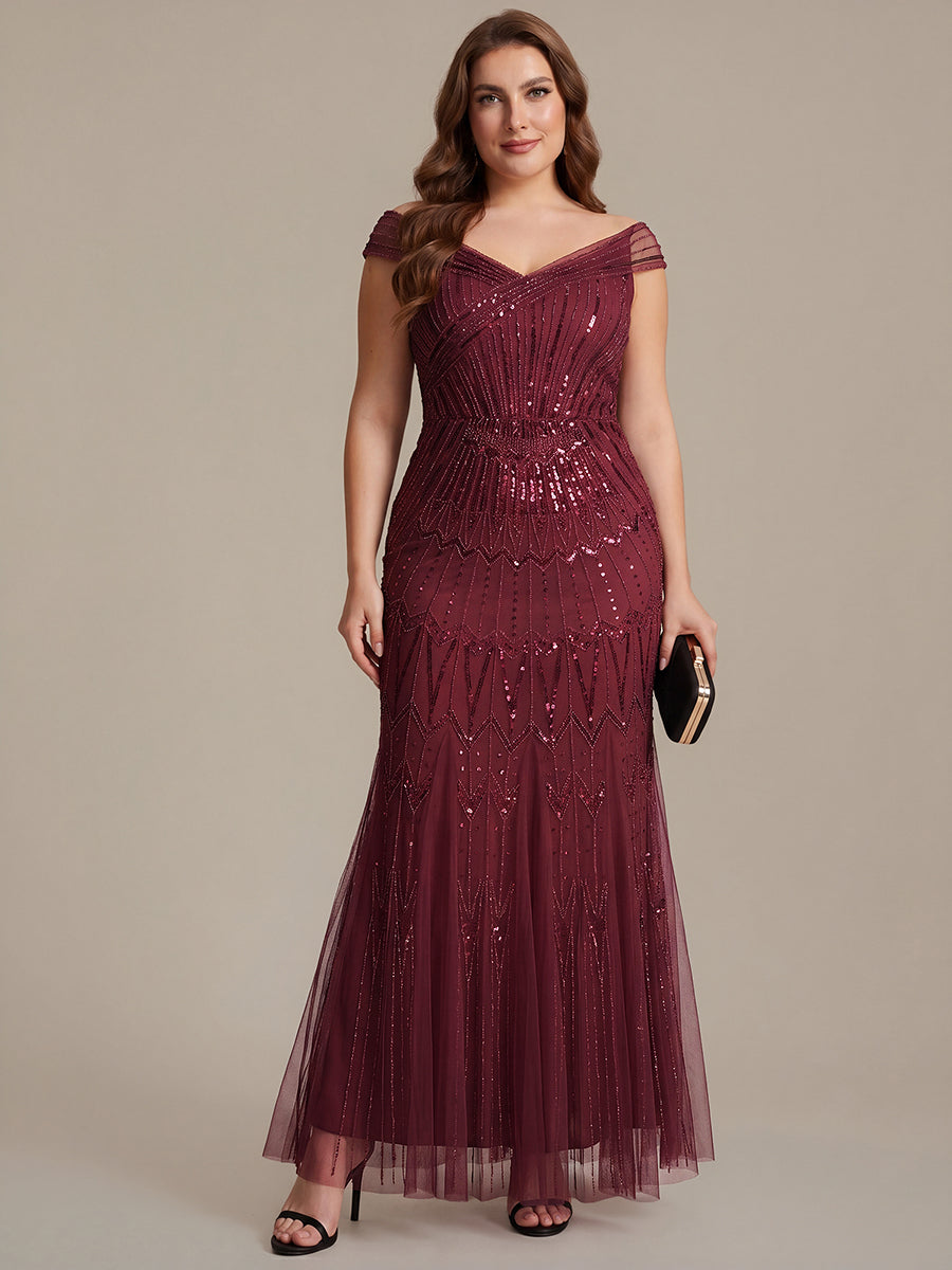 Sequin Drop Shoulder Sleeve Beaded Formal Dress #color_Burgundy