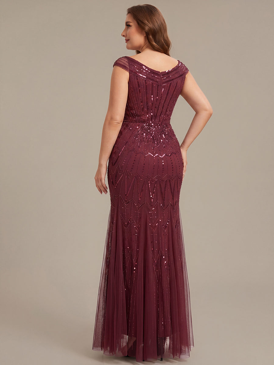 Sequin Drop Shoulder Sleeve Beaded Formal Dress #color_Burgundy