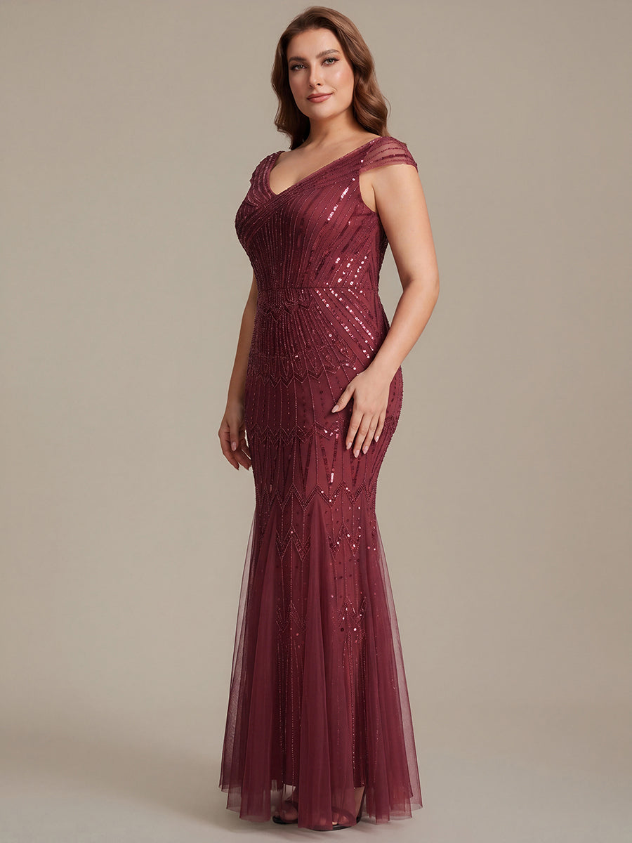 Sequin Drop Shoulder Sleeve Beaded Formal Dress #color_Burgundy