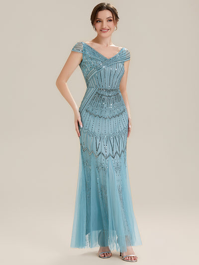 Sequin Drop Shoulder Sleeve Beaded Formal Dress #color_Sky Blue
