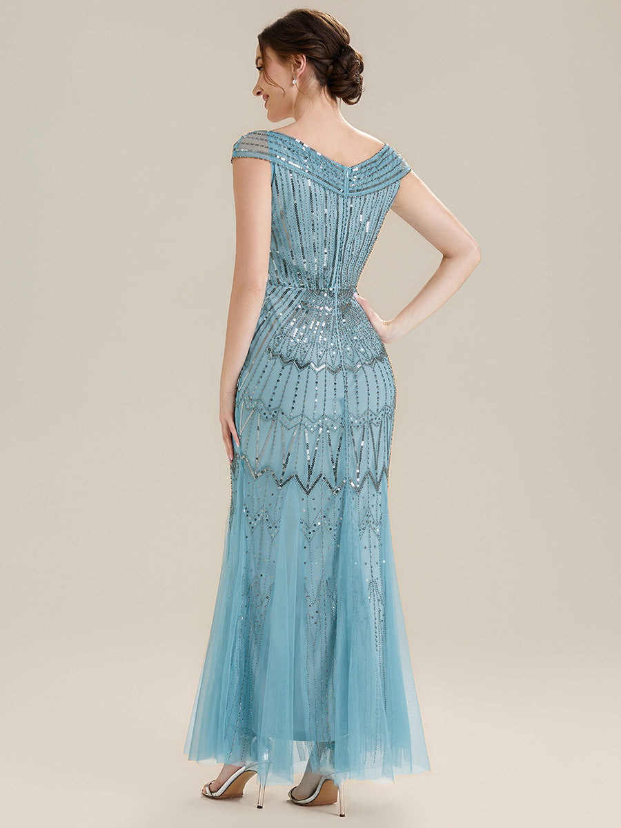 Sequin Drop Shoulder Sleeve Beaded Formal Dress #color_Sky Blue