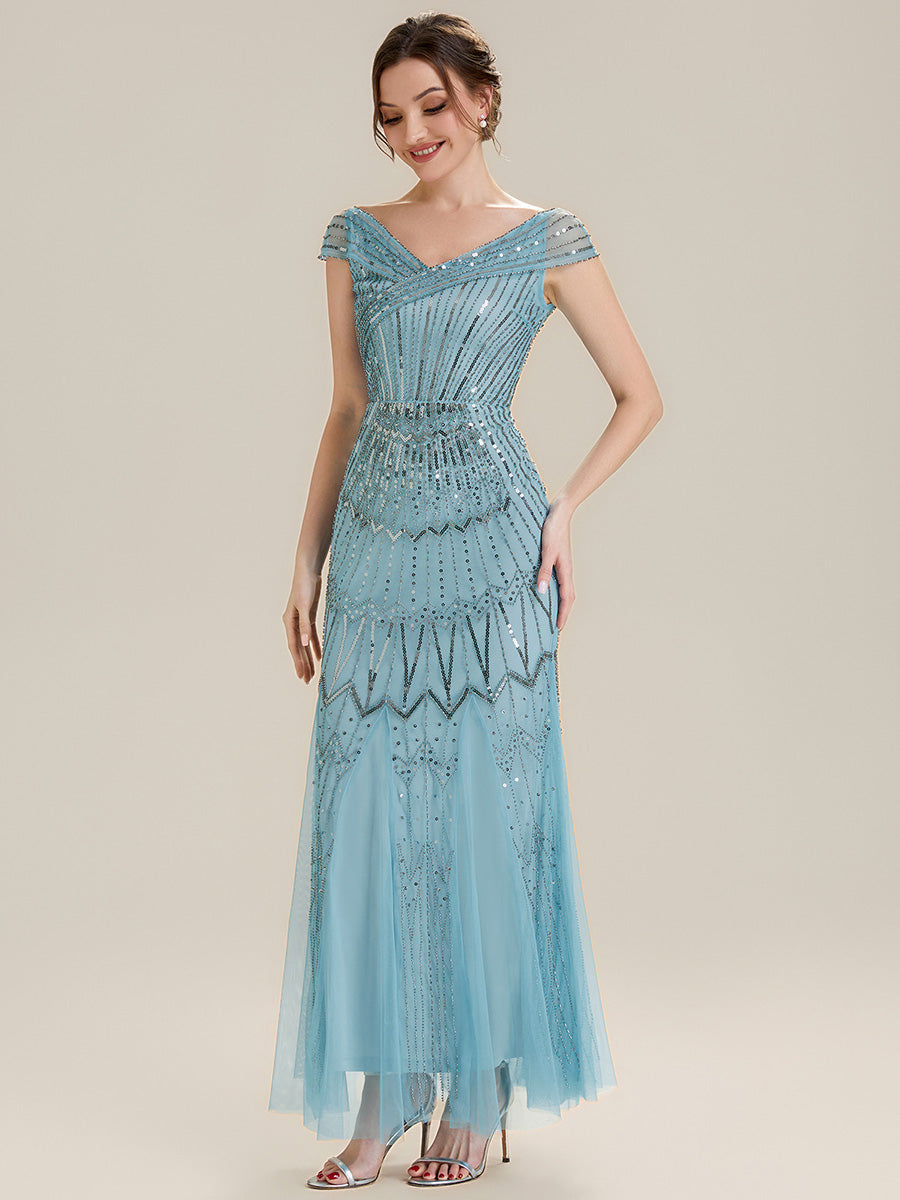 Sequin Drop Shoulder Sleeve Beaded Formal Dress #color_Sky Blue