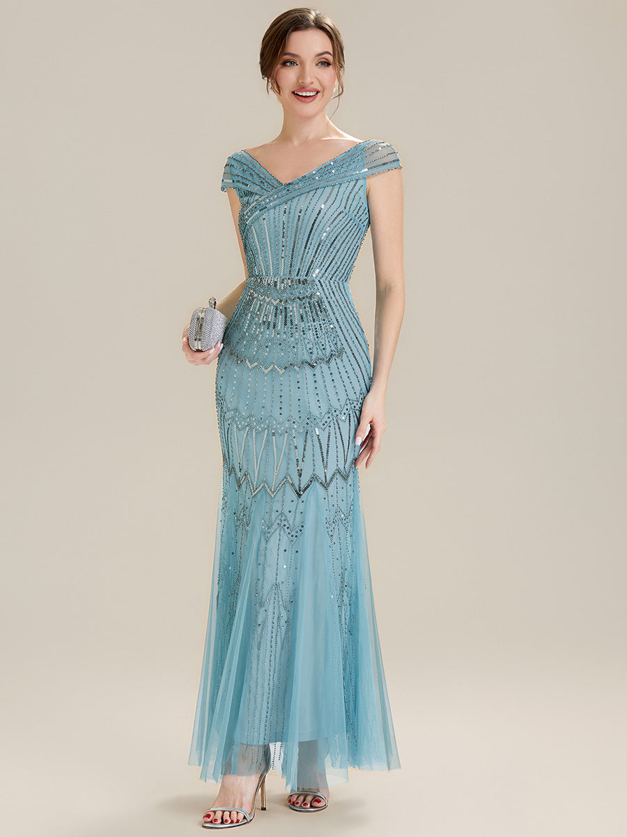 Sequin Drop Shoulder Sleeve Beaded Formal Dress #color_Sky Blue