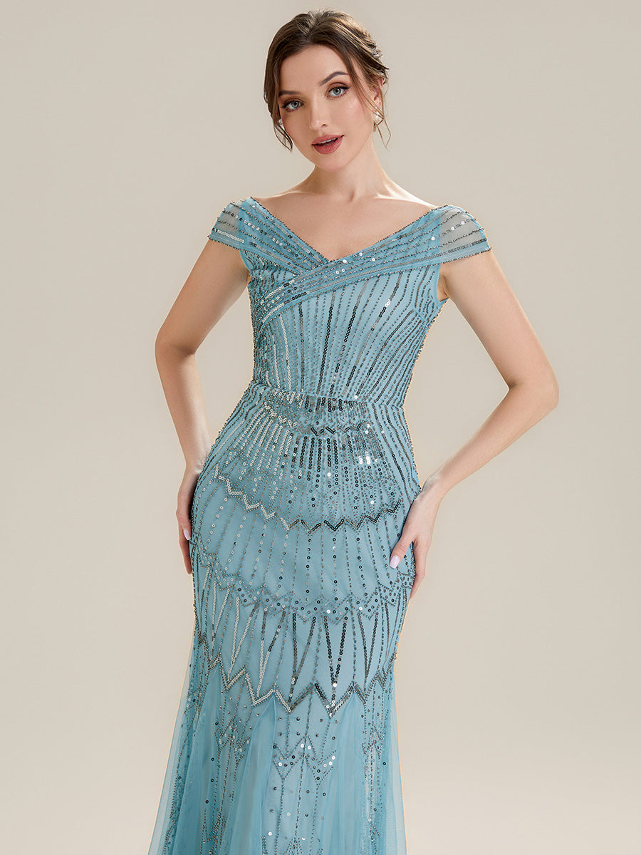 Sequin Drop Shoulder Sleeve Beaded Formal Dress #color_Sky Blue