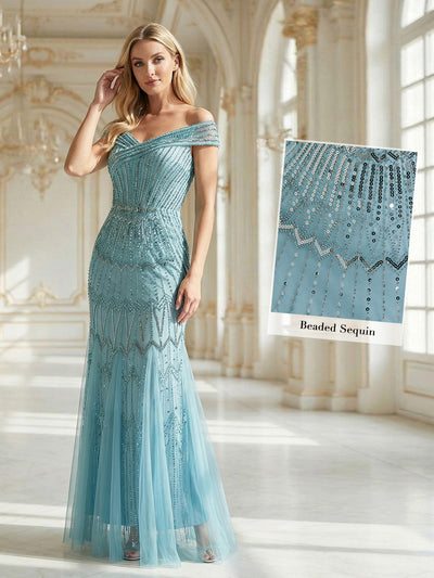Sequin Drop Shoulder Sleeve Beaded Formal Dress #color_Sky Blue