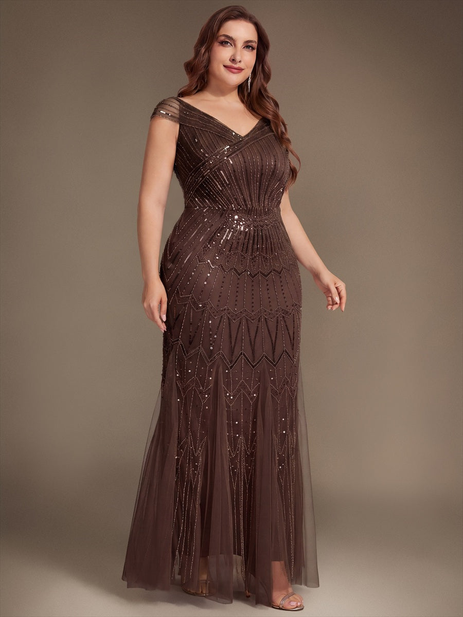 Sequin Drop Shoulder Sleeve Beaded Formal Dress #color_Brown