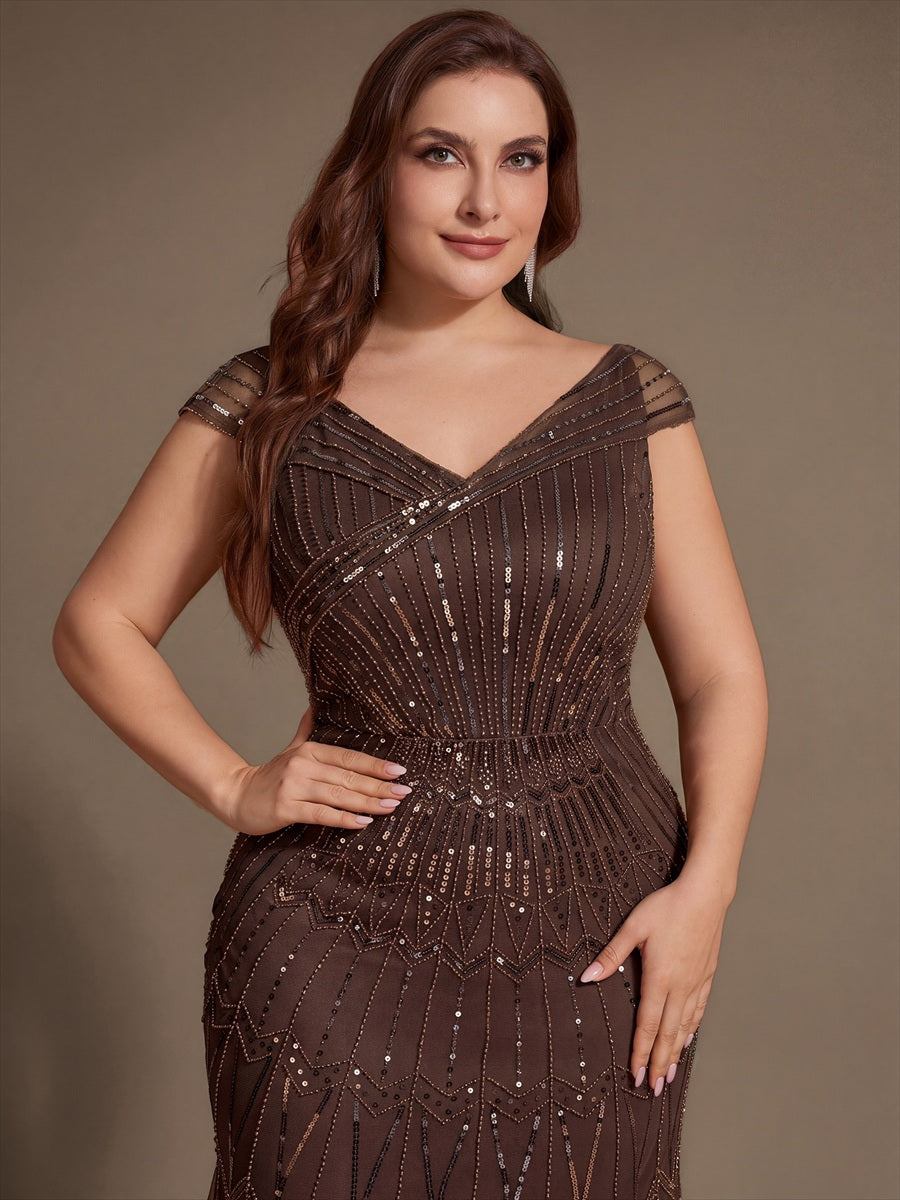 Sequin Drop Shoulder Sleeve Beaded Formal Dress #color_Brown