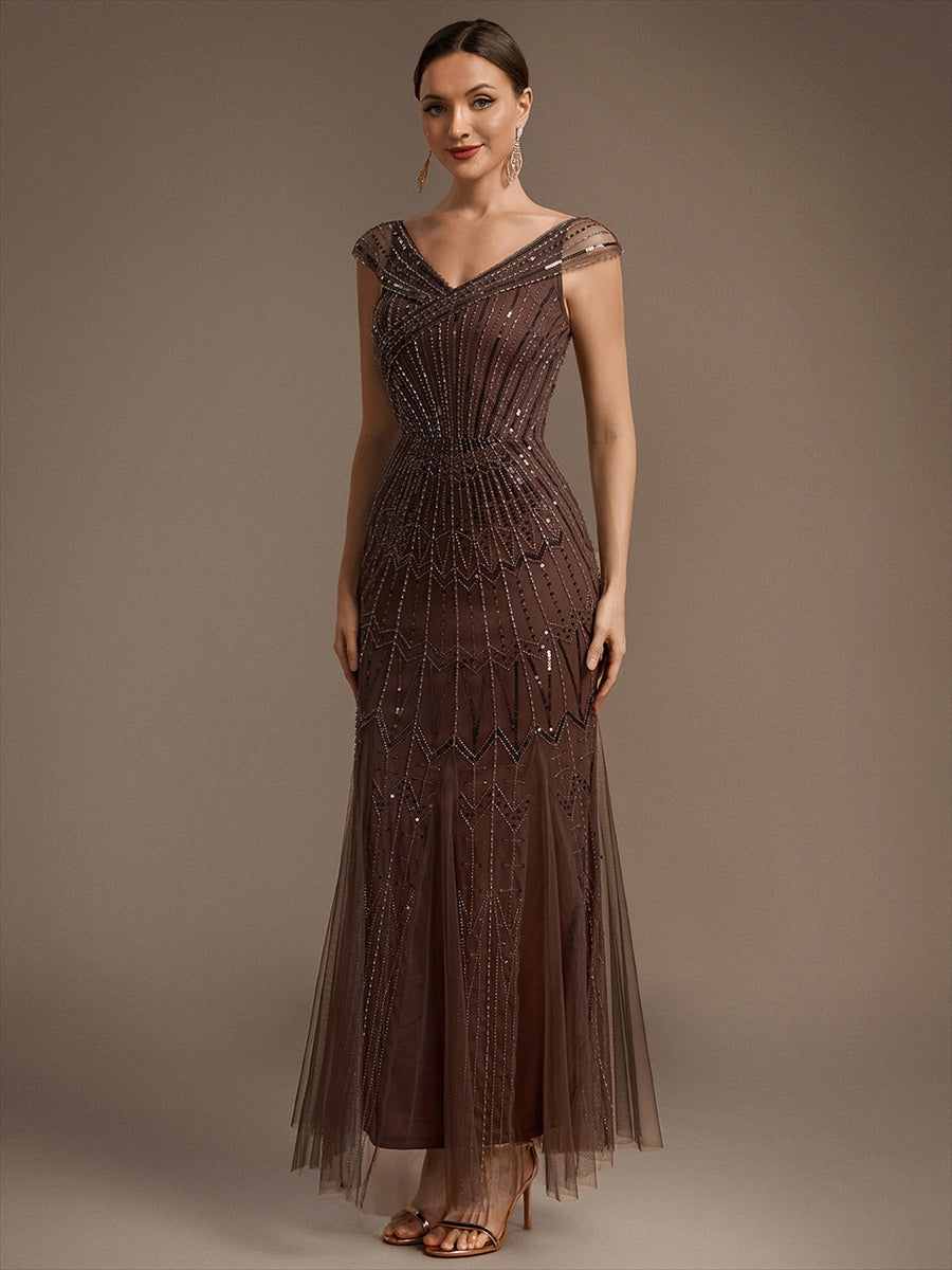 Sequin Drop Shoulder Sleeve Beaded Formal Dress #color_Brown