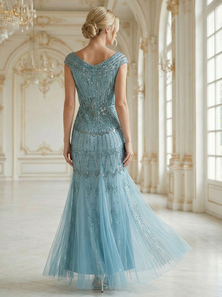 Sequin Drop Shoulder Sleeve Beaded Formal Dress #color_Sky Blue