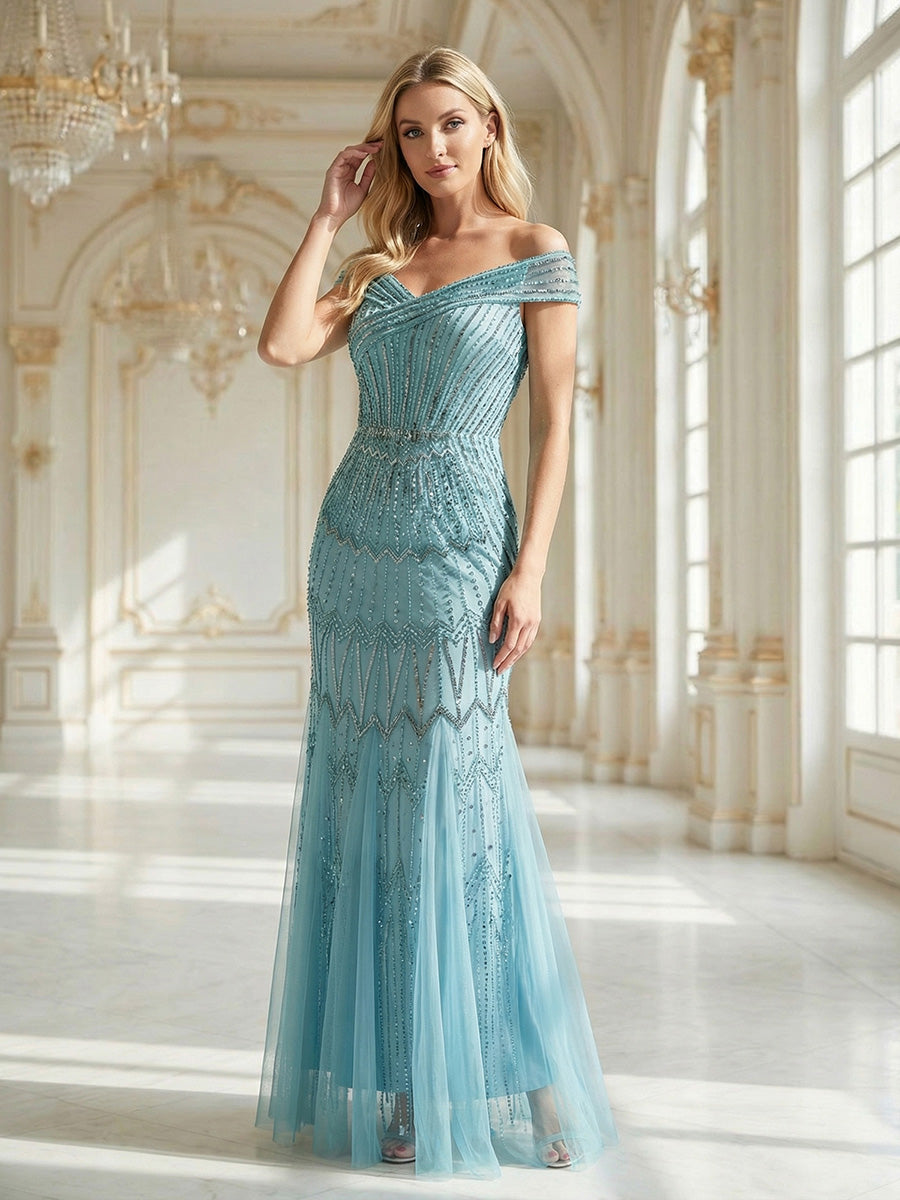 Sequin Drop Shoulder Sleeve Beaded Formal Dress #color_Sky Blue