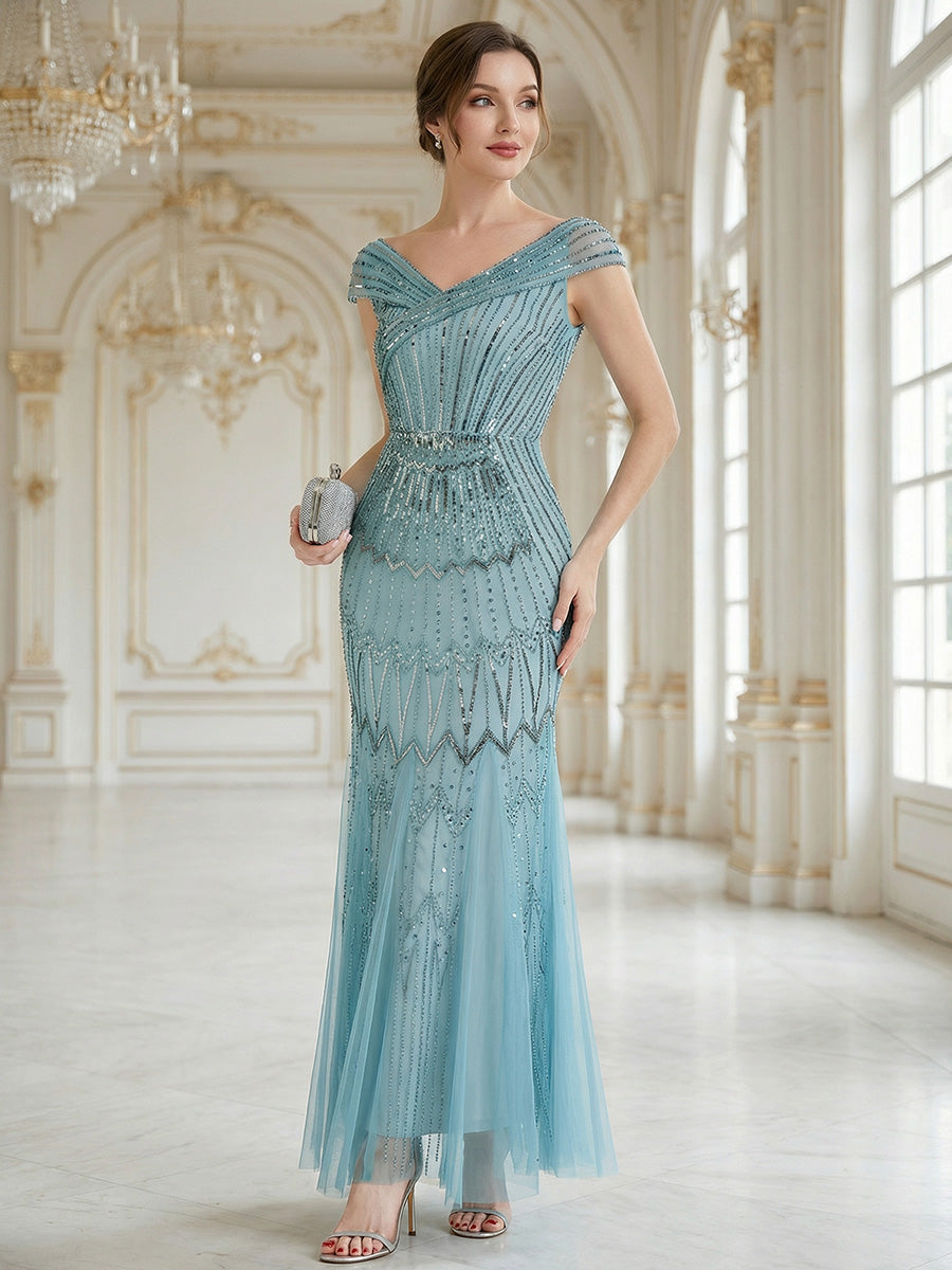 Sequin Drop Shoulder Sleeve Beaded Formal Dress #color_Sky Blue