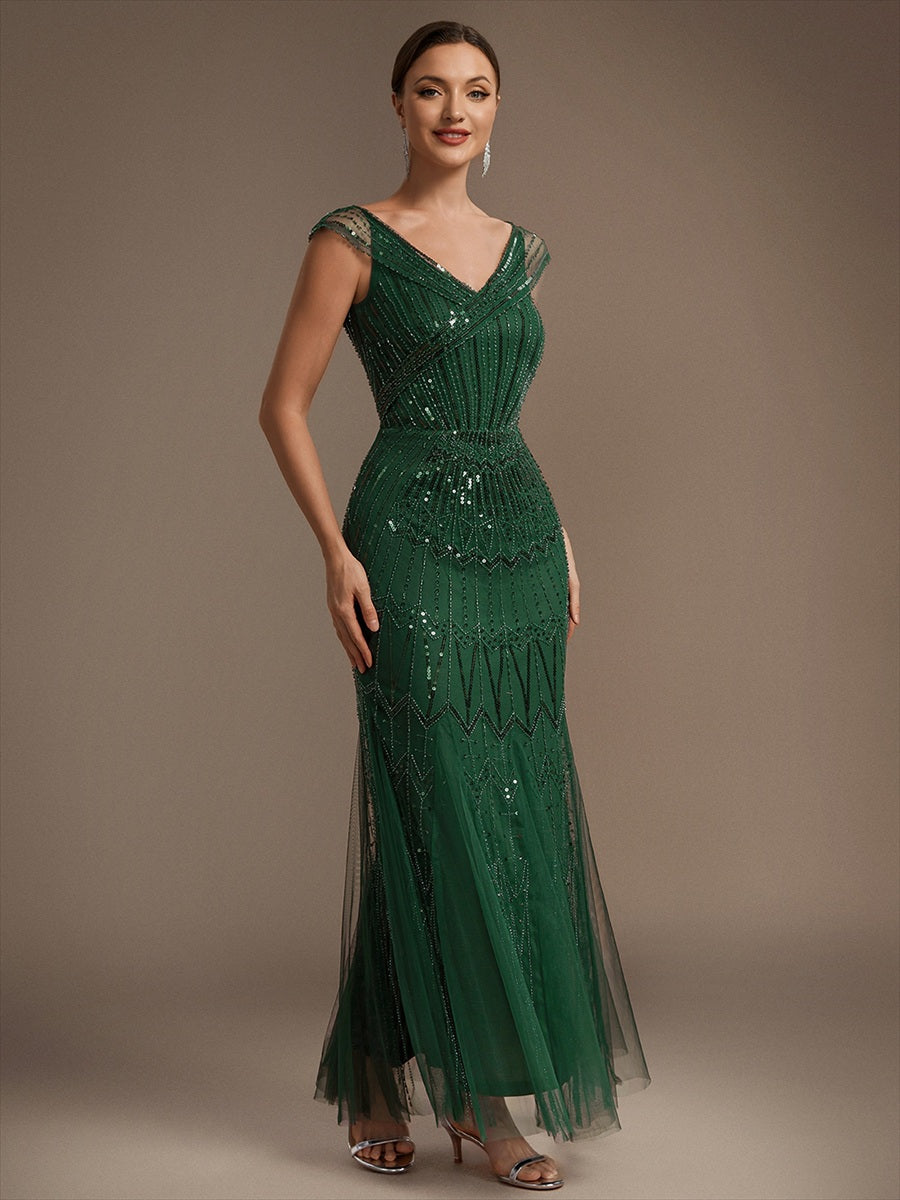 Sequin Drop Shoulder Sleeve Beaded Formal Dress #color_Dark Green