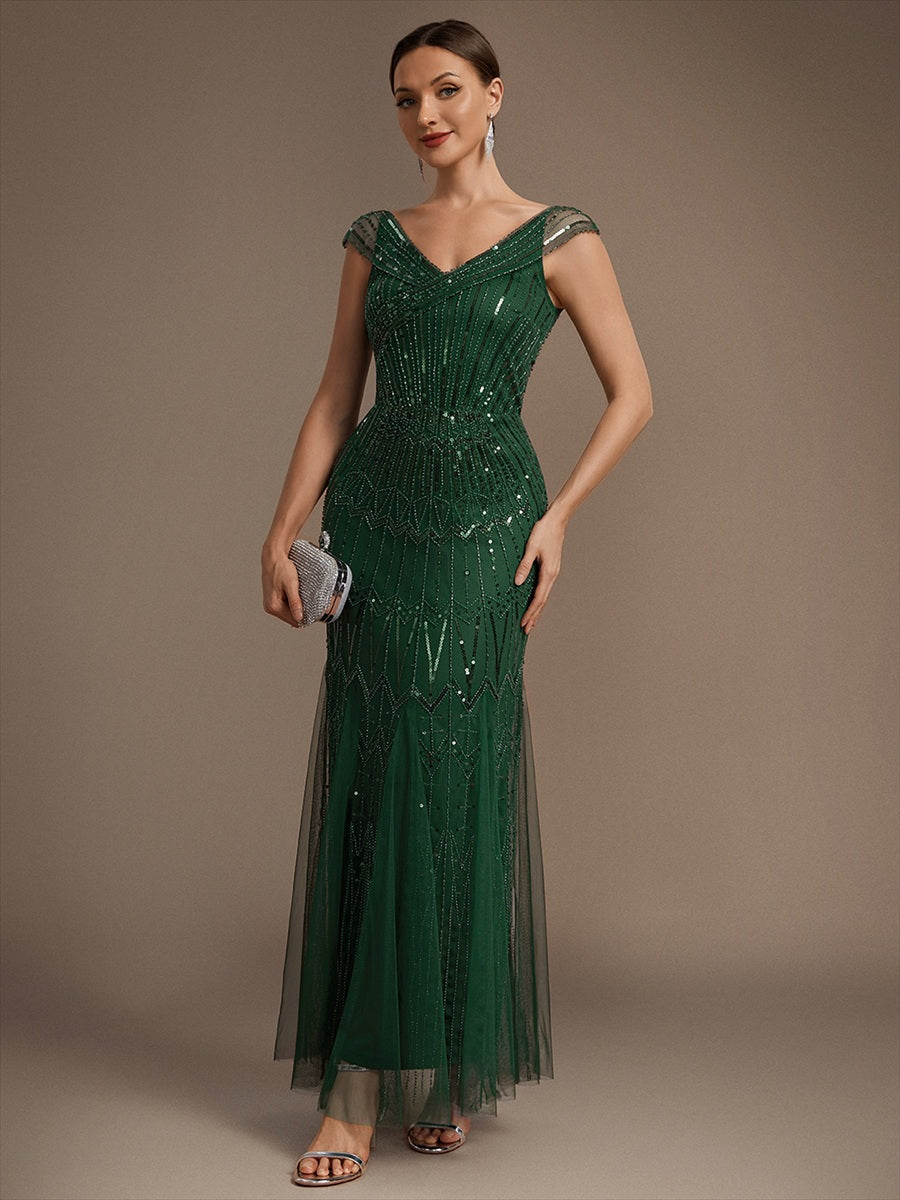 Sequin Drop Shoulder Sleeve Beaded Formal Dress #color_Dark Green