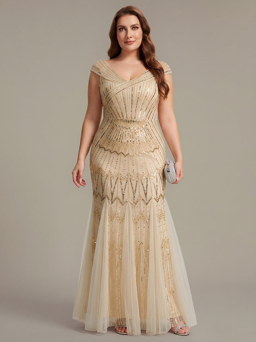 Sequin Drop Shoulder Sleeve Beaded Formal Dress #color_Gold