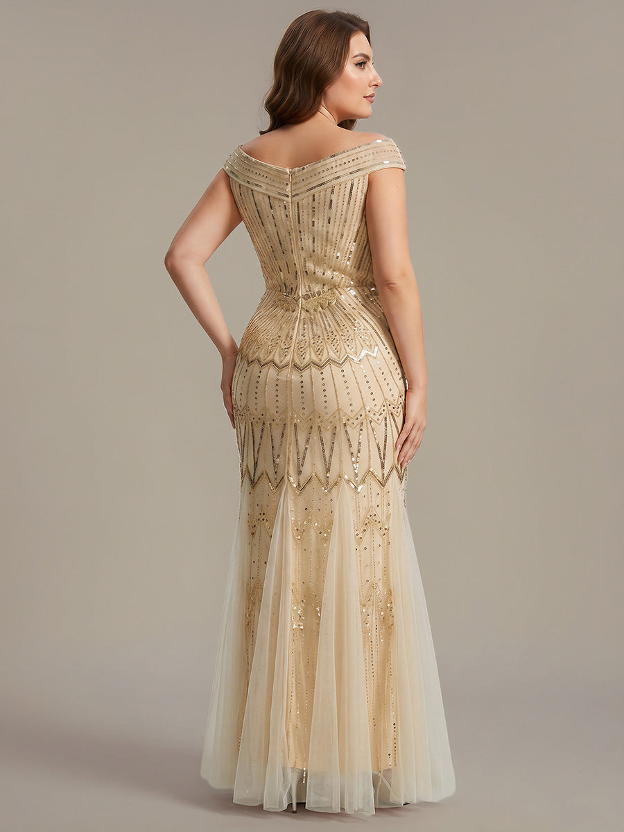 Sequin Drop Shoulder Sleeve Beaded Formal Dress #color_Gold