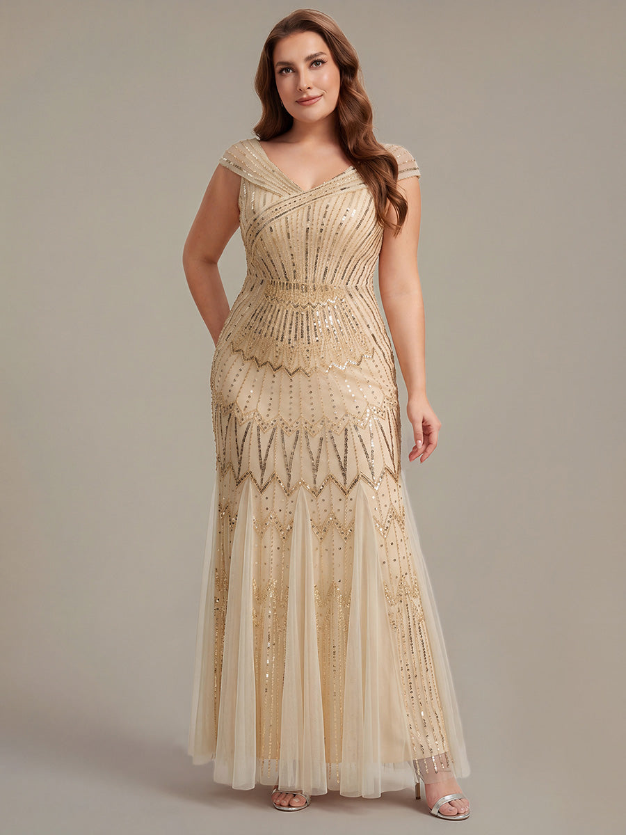 Sequin Drop Shoulder Sleeve Beaded Formal Dress #color_Gold