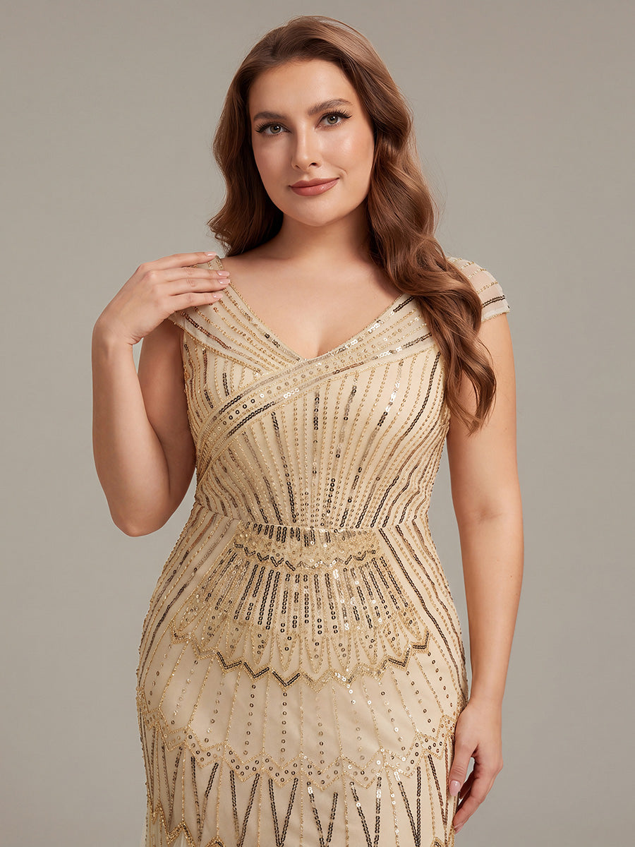 Sequin Drop Shoulder Sleeve Beaded Formal Dress #color_Gold