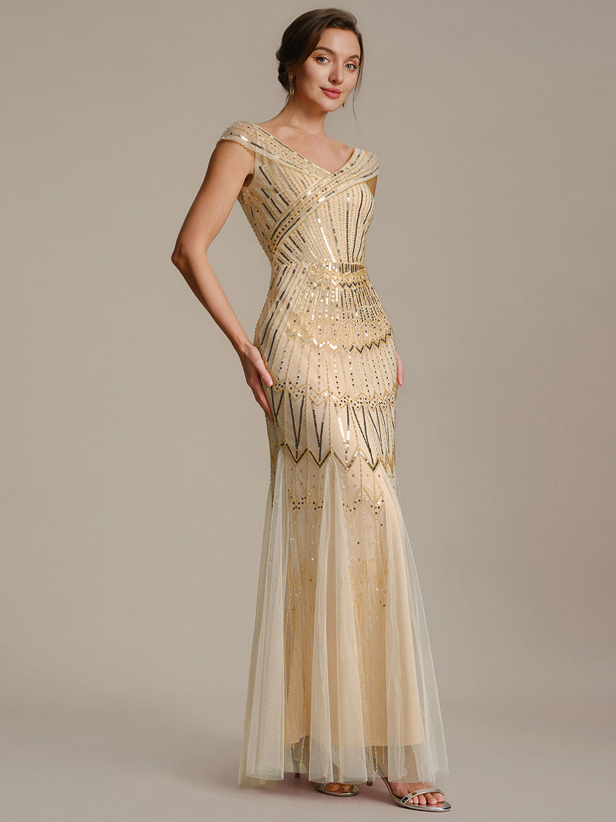 Sequin Drop Shoulder Sleeve Beaded Formal Dress #color_Gold