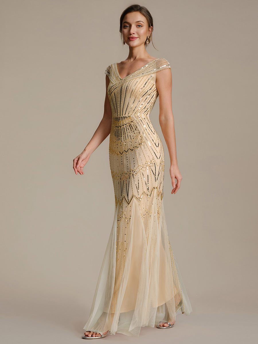 Sequin Drop Shoulder Sleeve Beaded Formal Dress #color_Gold