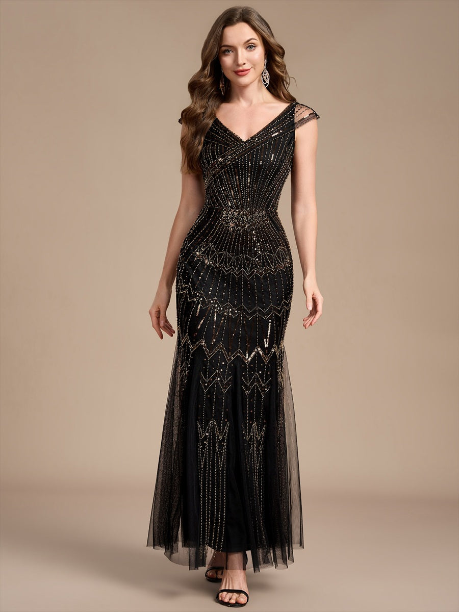 Sequin Drop Shoulder Sleeve Beaded Formal Dress #color_Black & Gold