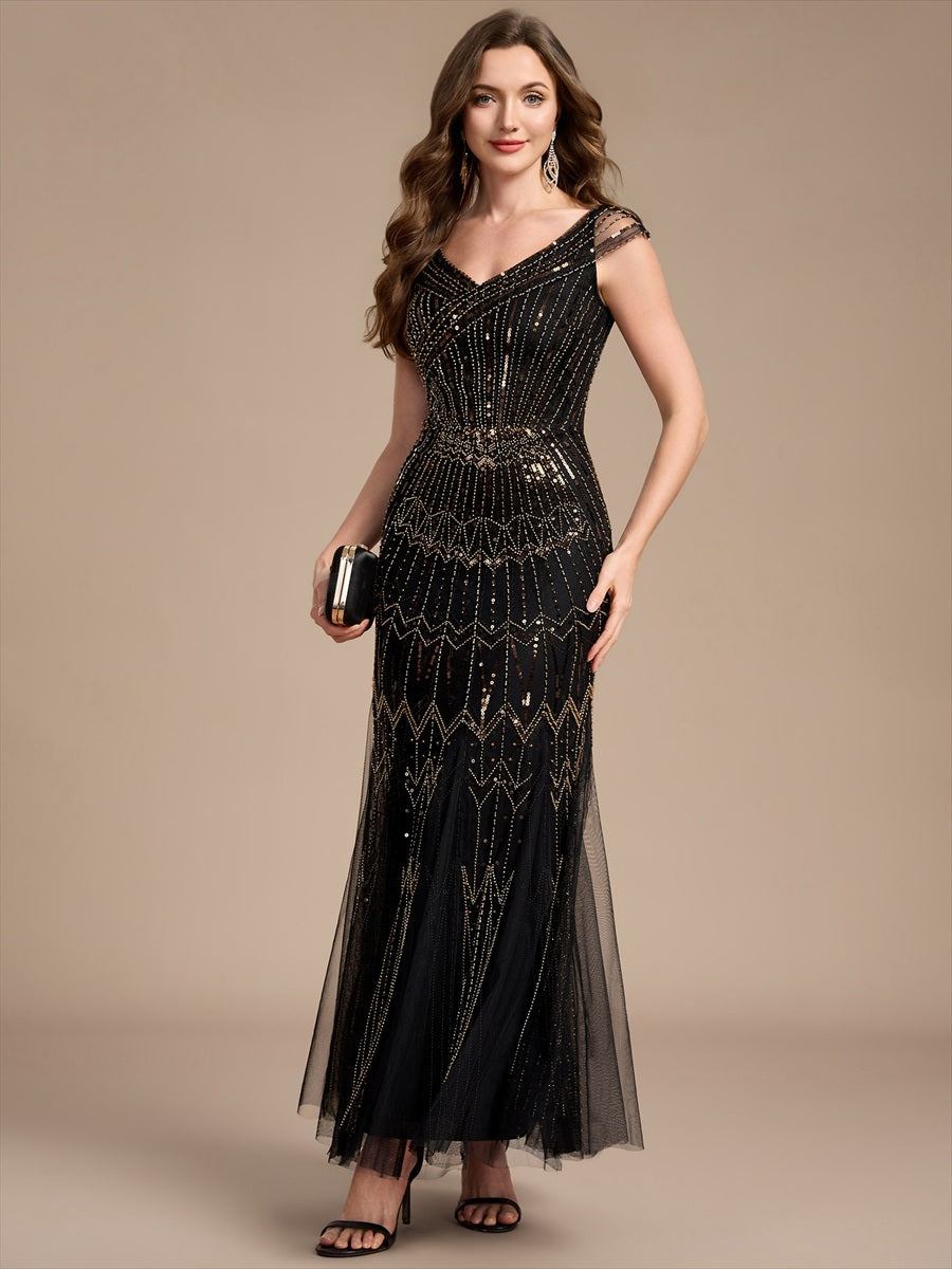 Sequin Drop Shoulder Sleeve Beaded Formal Dress #color_Black & Gold