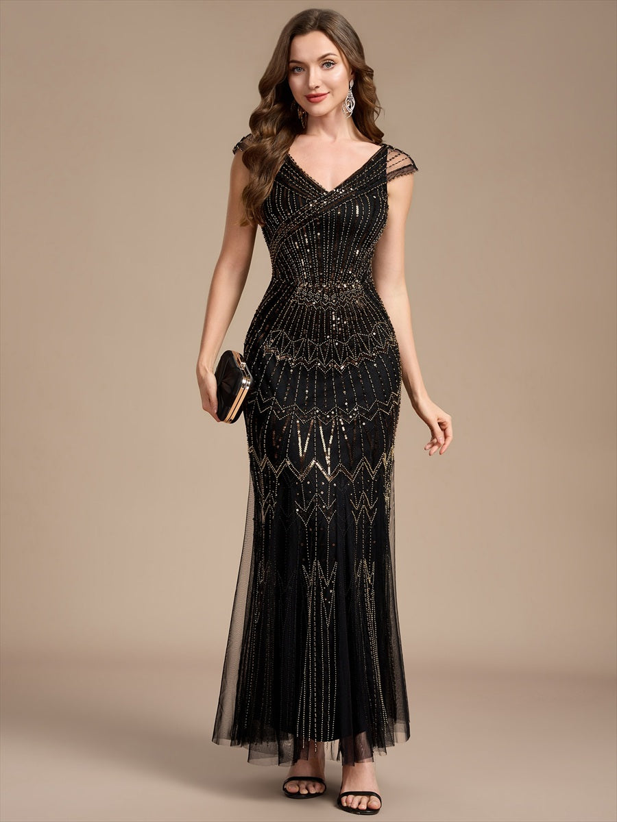 Sequin Drop Shoulder Sleeve Beaded Formal Dress #color_Black & Gold