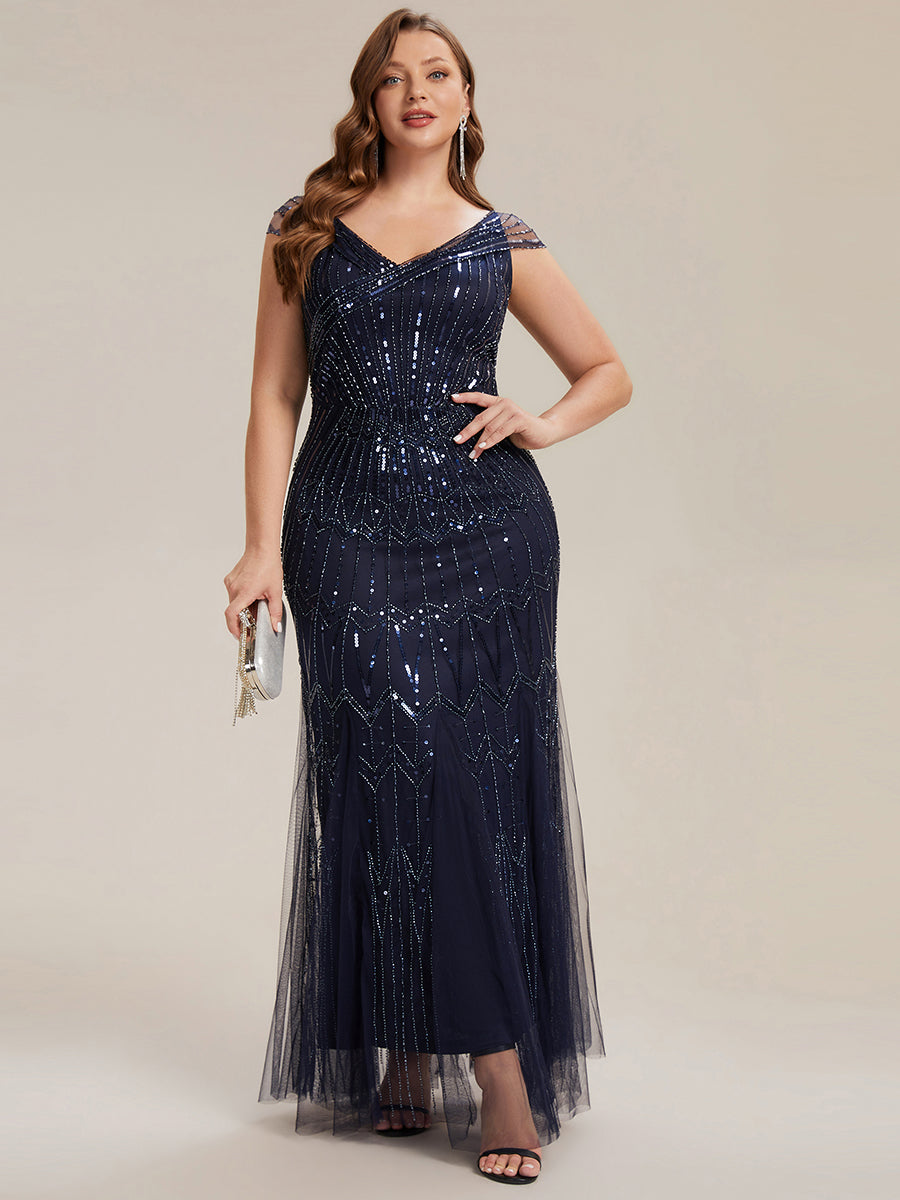 Sequin Drop Shoulder Sleeve Beaded Formal Dress #color_Navy Blue