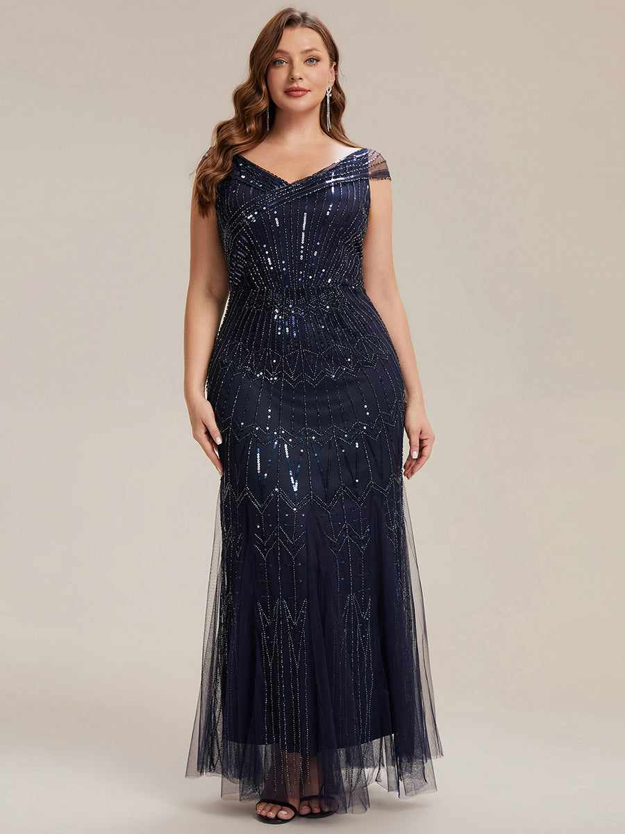 Sequin Drop Shoulder Sleeve Beaded Formal Dress #color_Navy Blue